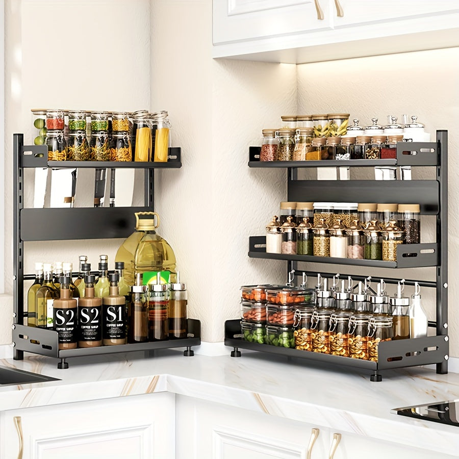 Adjustable Kitchen Storage Rack - Wall Mount with No-Drill Installation, Organize Seasonings and Utensils with Multi-Tier Modern Metal Design, Perfect for Spice Storage and Knife Placement.