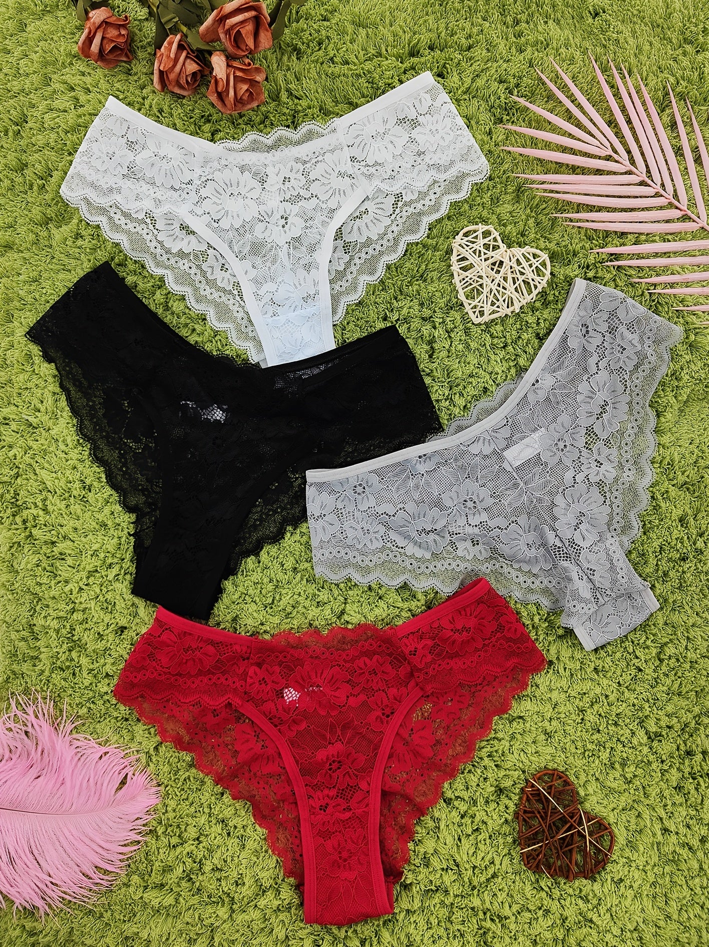 Four pieces of sheer jacquard lace bikini panties for women, featuring mid-stretch low waist design  lingerie and underwear.