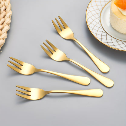 Set of 4 stainless steel dessert forks for serving fruit, cake, snacks, tea, and salad, perfect for restaurants, parties, weddings, and dessert displays.