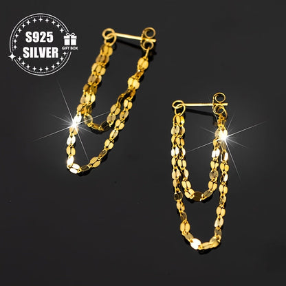 These stylish women's earrings are made of 925 silver and weigh approximately 0.7g in total. Featuring a unique double-layer lip chain tassel design, they can be worn on both the front and back. Hypoallergenic and fashionable, these earrings make a