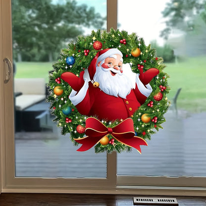 Modern Santa Claus wreath window stickers made from polyvinyl chloride with self-adhesive for easy home decorating. These glossy holiday PVC window clings are reusable and have other embellishment features, with a 2mil thickness.