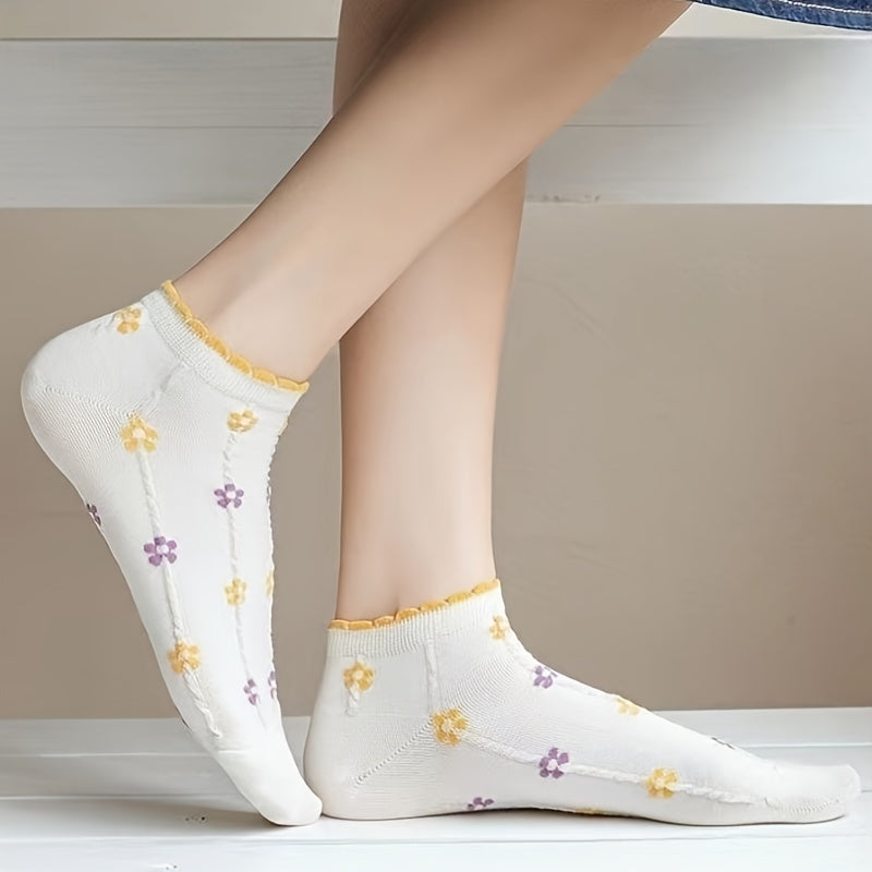 Floral Print Socks: 5 Pairs of Cute Lettuce Trim Ankle Socks