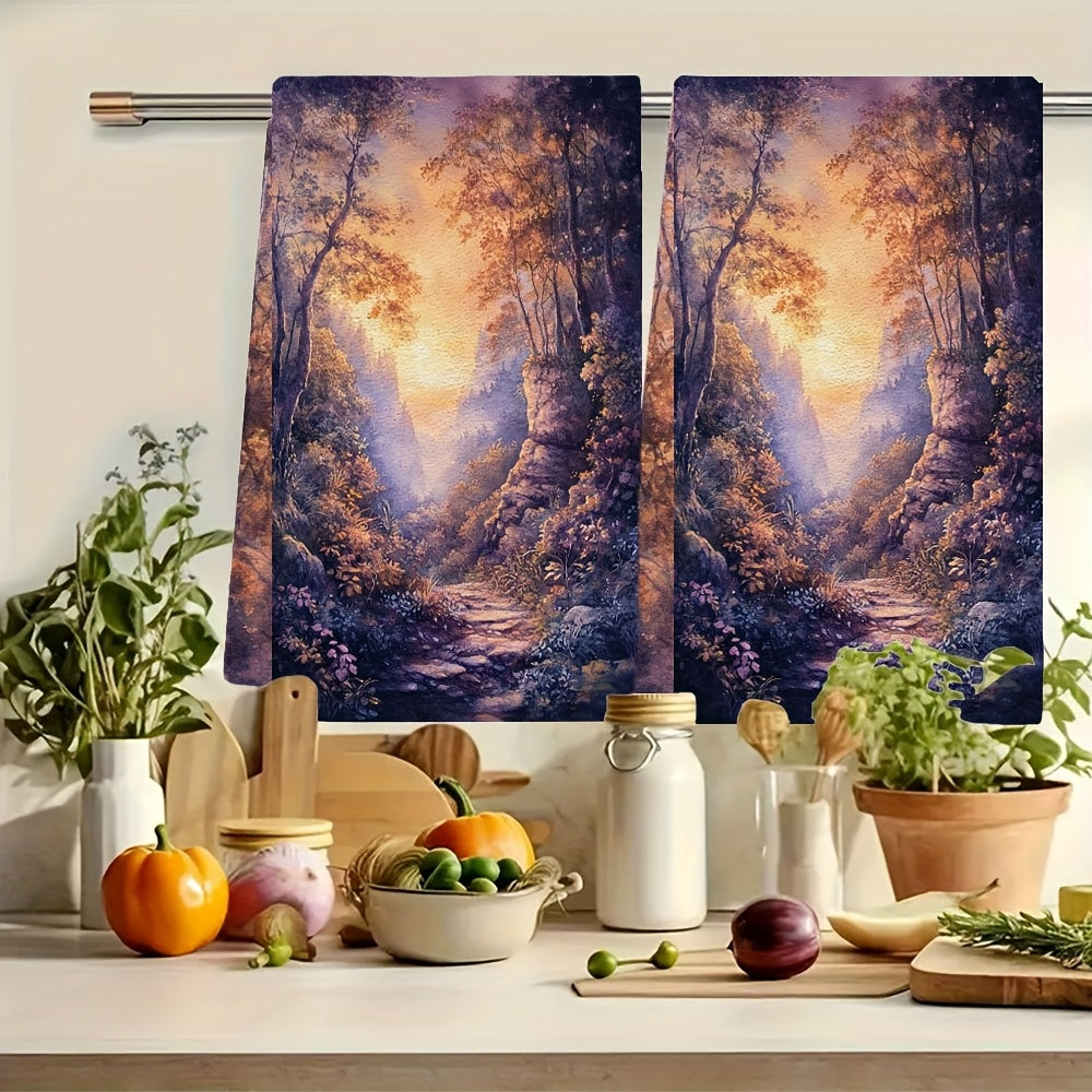 Set of 2 Ultra Soft Kitchen Towels featuring a Magical Forest Dawn Scene, Super Absorbent & Easy-to-Clean Dish Hand Towels, 40.64x60.96 cm, Beautifully Designed Nature-Inspired Decor for your Home, Perfect for Drying Dishes