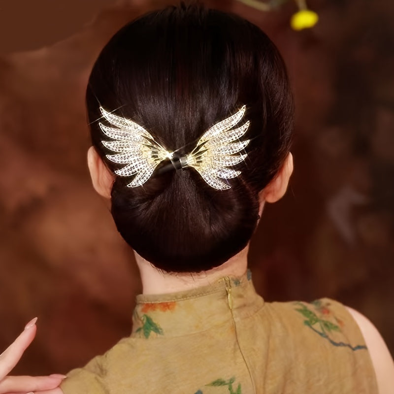 Chinese Style Golden Double Wing Hair Curler and Diamond Hair Band for Women, creating stylish bun hairstyles, an elegant hair accessory