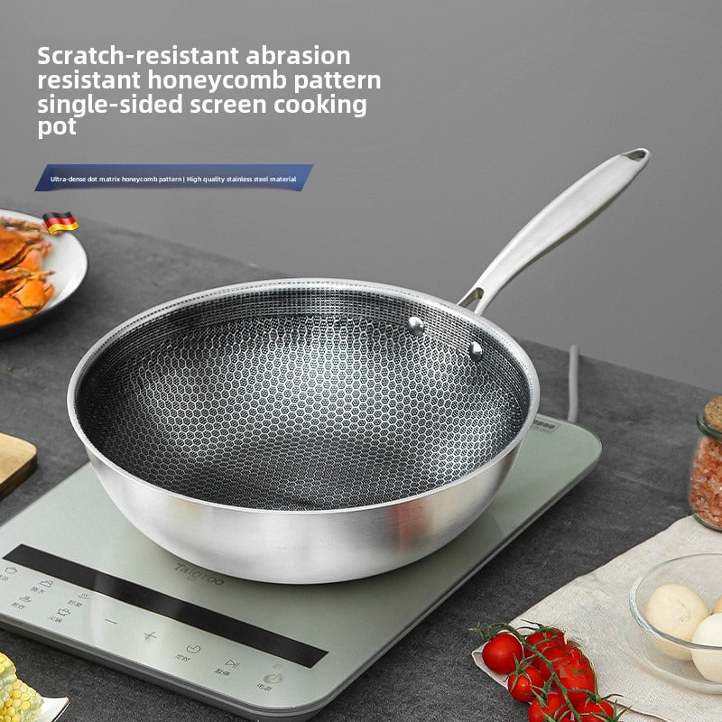 Stainless Steel Wok with Honeycomb Pattern, Non-Stick and Scratch-Resistant Coating, Ideal for Stir-Frying on Gas and Induction Cooktops