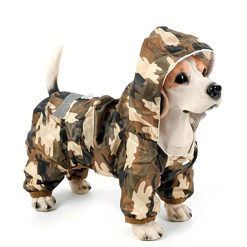 Waterproof reflective dog raincoat with snap buttons, stretch fabric. Suitable for small to medium breeds, hand wash only. Hooded, water resistant.