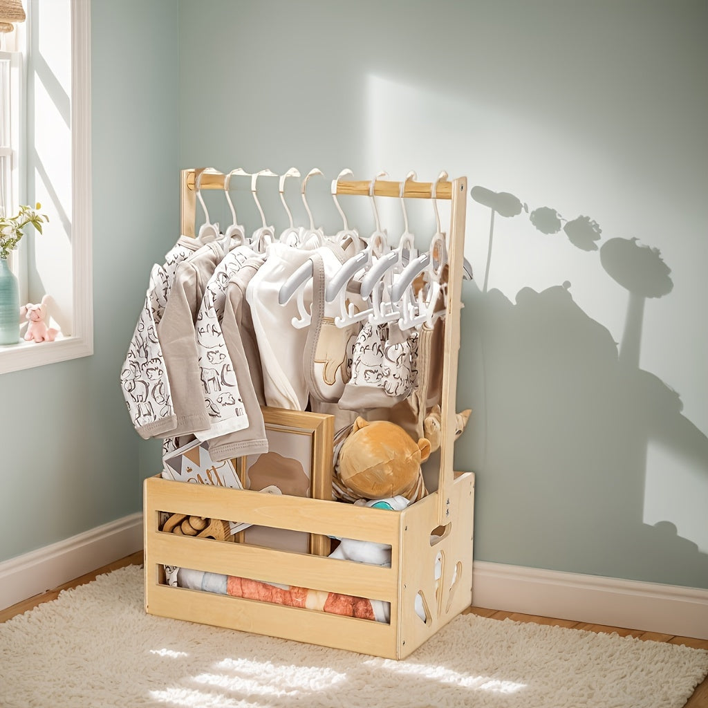 Yellow wooden organizer with hanging rack for toys and clothes storage in nursery, bedroom, or playroom.