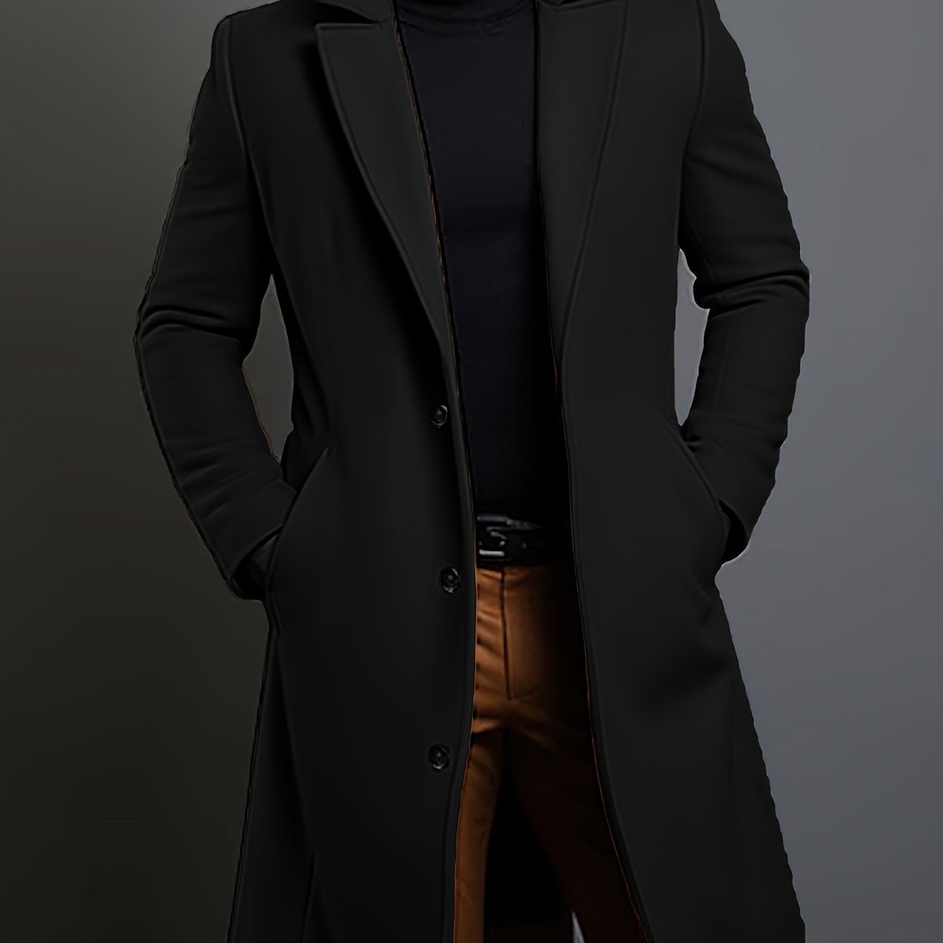 Men's classic solid color polyester coat with long sleeves, notch lapel, and welt pocket design. Casual style with non-stretch fabric and button detail. Regular fit for daily commuting in