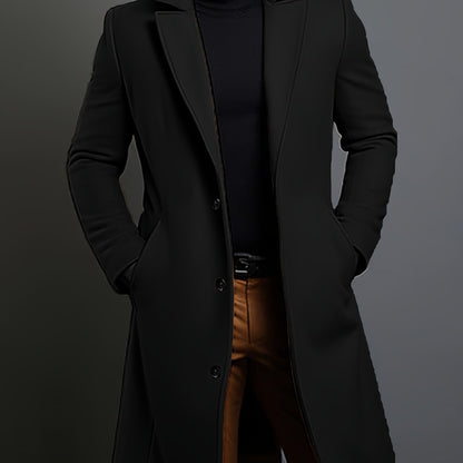 Men's classic solid color polyester coat with long sleeves, notch lapel, and welt pocket design. Casual style with non-stretch fabric and button detail. Regular fit for daily commuting in