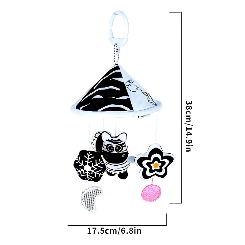 Baby toy car in black and white hanging from the baby trolley, with an umbrella wind chime for early education. The crib bell and stroller hanging umbrella bed bell pendant features black and white animal wind chimes. Additionally, there is a bed hanging