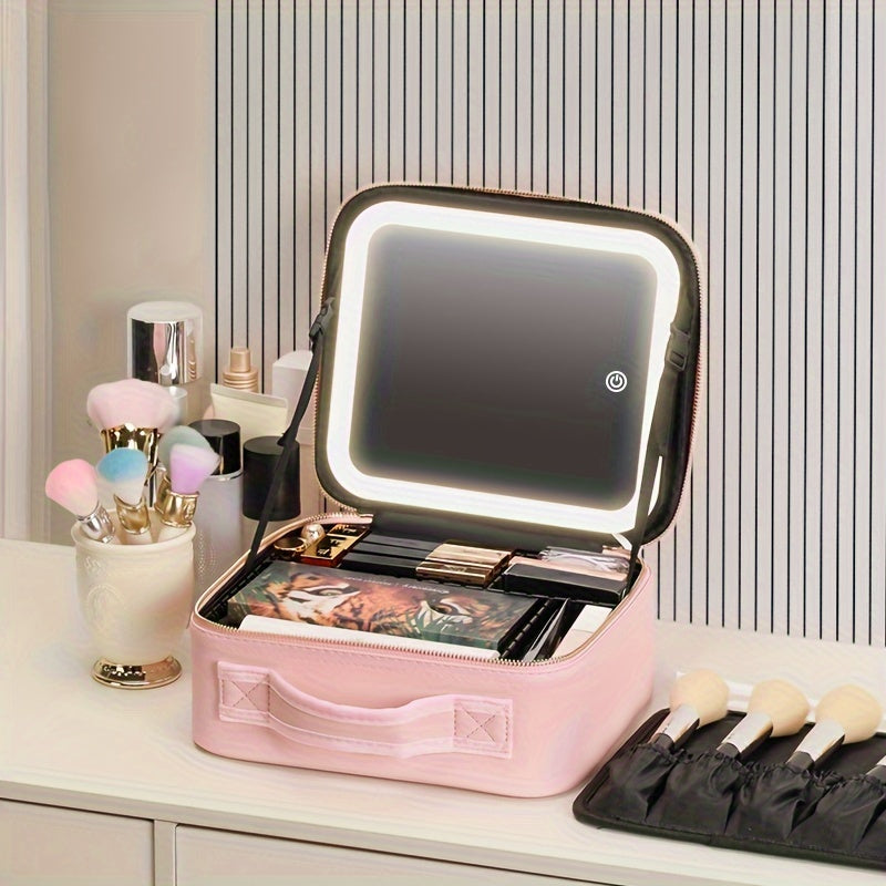 LED Travel Makeup Bag with Mirror, Adjustable Dividers, and 3 Color Settings, Organizer for Women's Beauty Tools