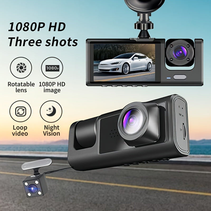 Vavupo 3-camera dash cam records front and interior in 1080P with G-sensor, night vision, and wide-angle for driving safety.