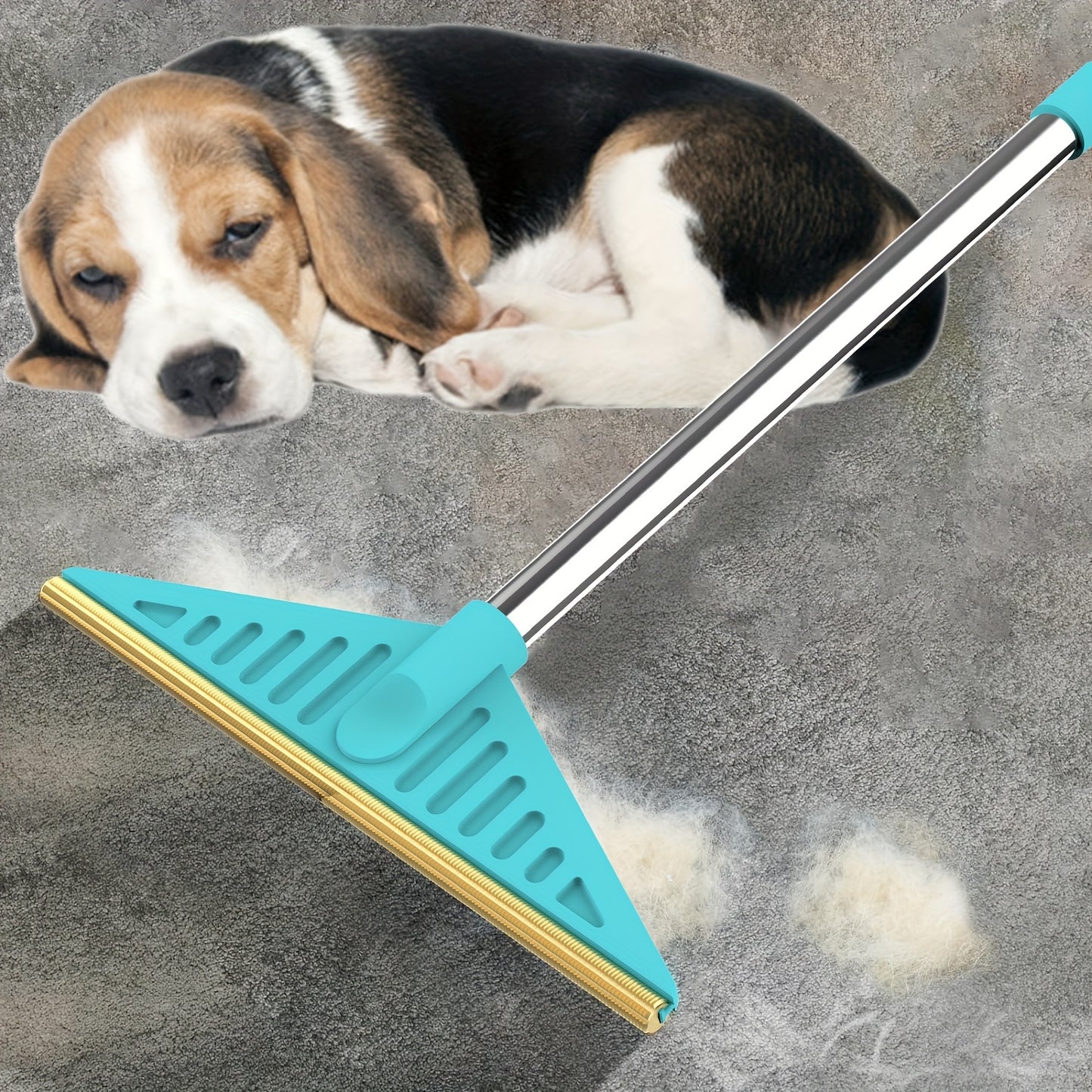 Long-handled pet hair remover brush designed for efficient cleaning of carpets, couches, and beds, ideal for dog owners and grooming.