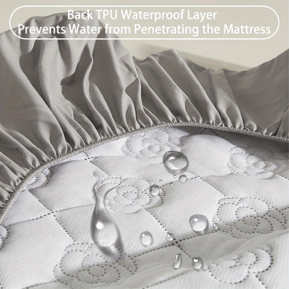 Waterproof mattress protector with soft and breathable soundwave technology fitted sheet in teal green with floral quilted design. Perfect for bedrooms, hotels, and dorm rooms. Made of