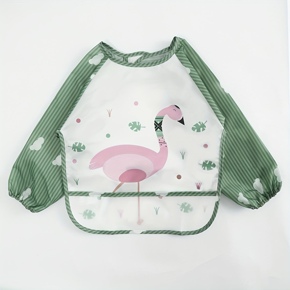 Long-sleeved Waterproof Feeding Bib with Adorable Cartoon Design, Reversible Wear Option.