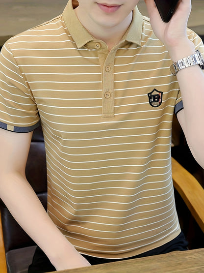 Men's Striped Golf Shirt with B Embroidery and Graphic Print, Casual Lapel Shirt for Summer Outdoor Activities