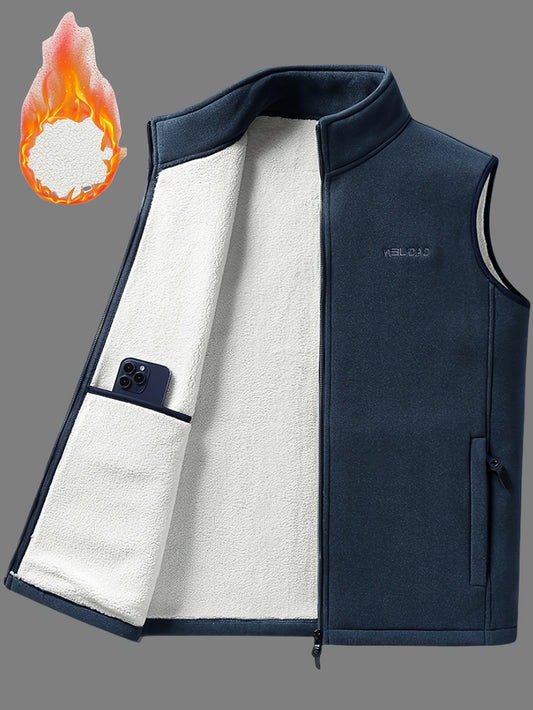 Men's cozy fleece-lined vest with stand collar, zipper pockets, and button closure for fall/winter warmth.