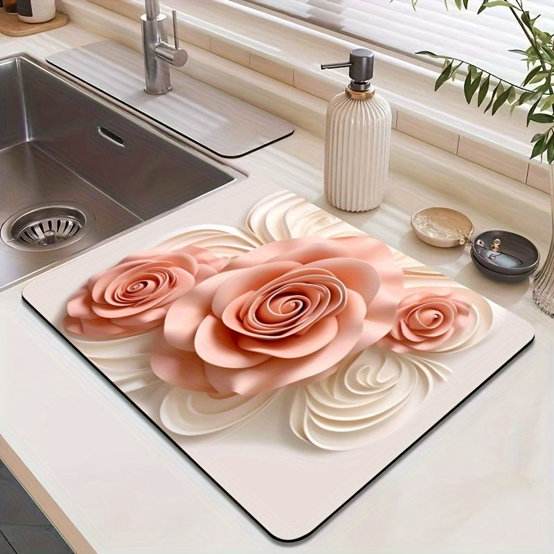 Black 3D Rose Design Dish Drying Mat with Super Absorbent Non-Slip Rubber Backing - Perfect for Kitchen Countertops, Coffee Machines, and More. Made with Synthetic Fiber Cover and Silicon Dioxide Filling. Great for Holidays such as Christmas