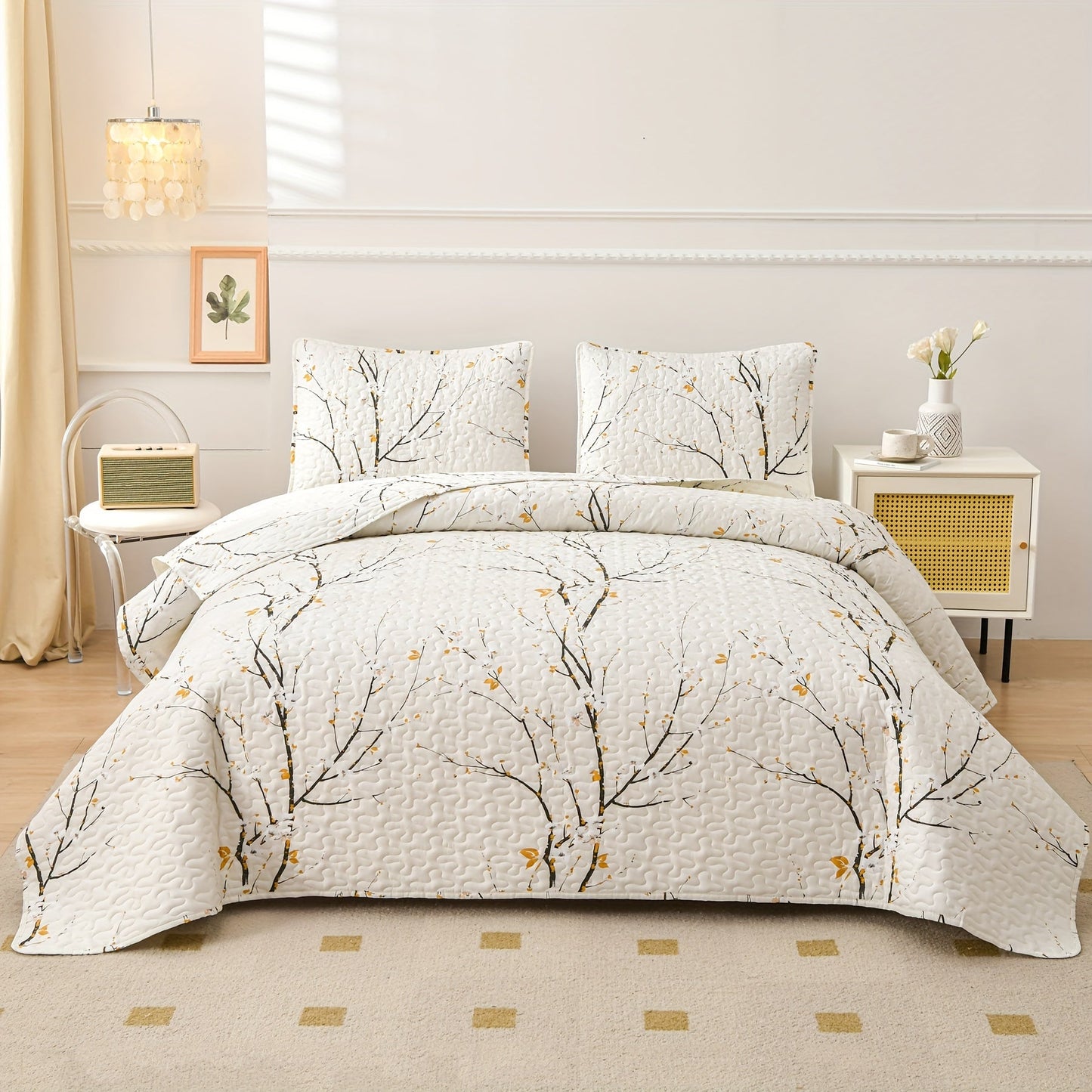 Elegant Plum Blossom Quilt Set includes 3 pieces (1 Quilt + 2 Pillowcases, Core not included). Made with skin-friendly, soft and breathable materials, this bedding is warm and comfortable for all seasons. Perfect for hotel or bedroom use.