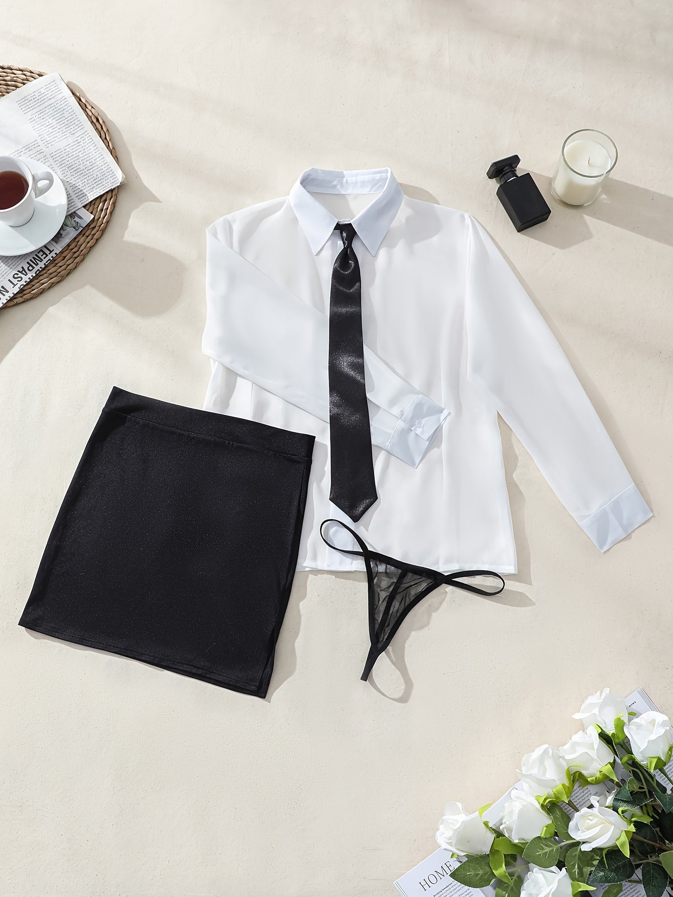 Seductive office attire includes sheer shirt, bodycon skirt, thong, and tie for women.