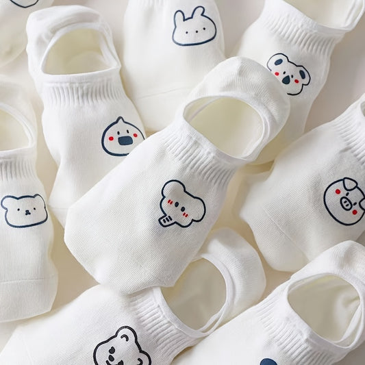 10 pairs of women's low-cut invisible socks with cartoon designs, non-slip and short.