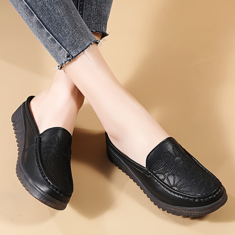 Lightweight slip-on mules for women, with flat heel and plain toe. Made from man-made materials, hand washable. Perfect for all-season comfort. European Special Edition.