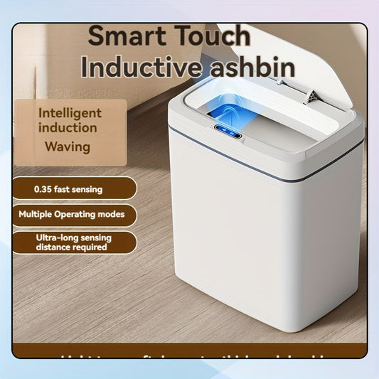 White smart trash can with automatic opening, infrared sensing, and button control for home and office use.