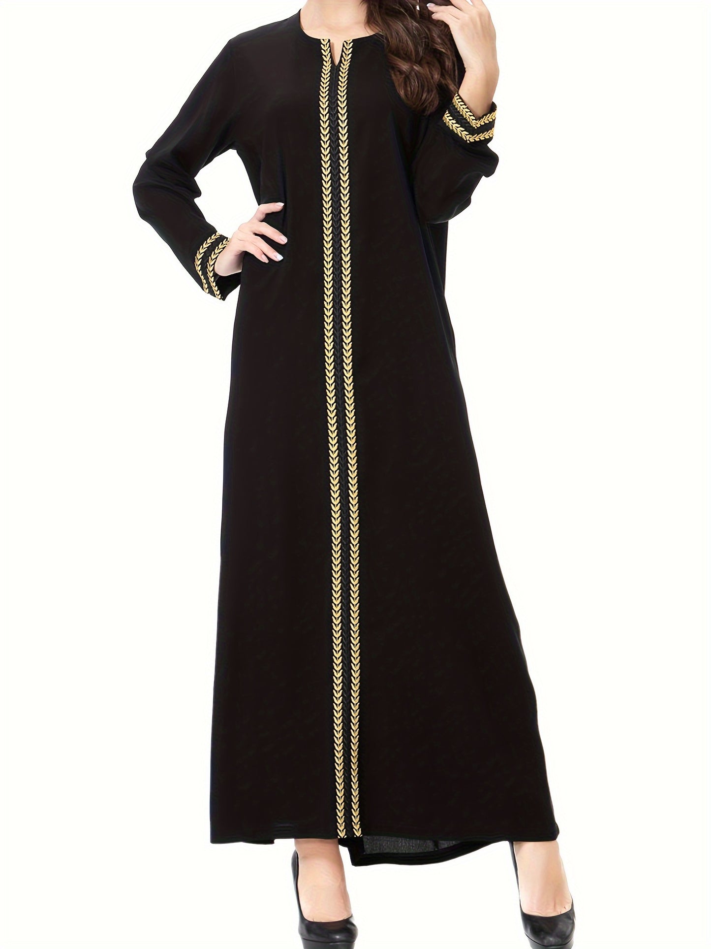 Ramadan Modest Dress with Golden Trim and Long Sleeves