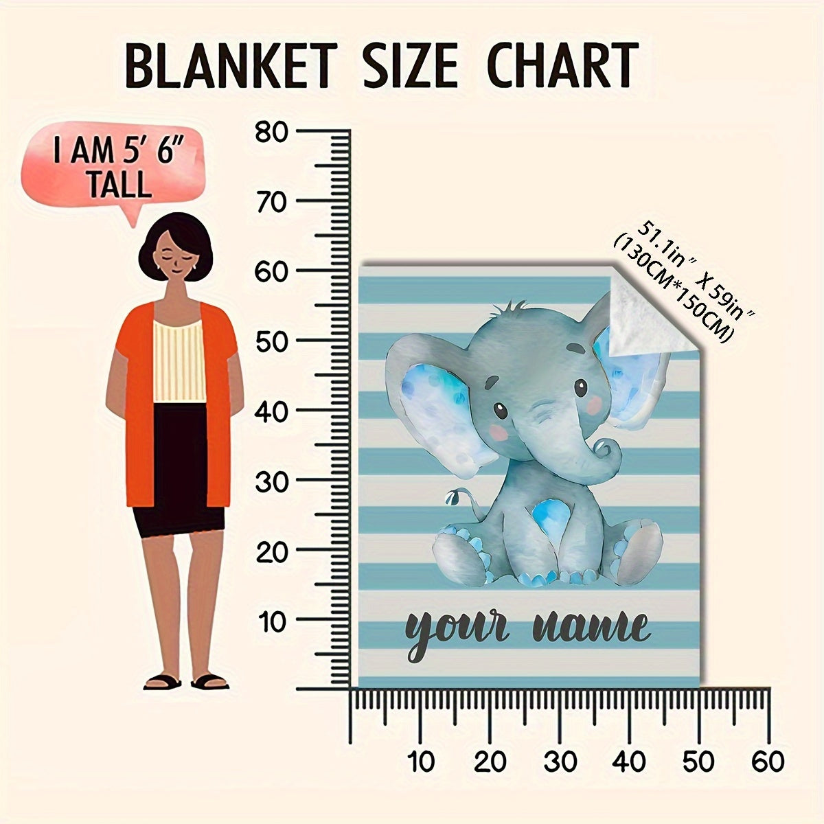 A modern and versatile fleece throw blanket featuring a customizable cartoon elephant design. This all-season, multi-purpose blanket is digitally printed on a polyester cover with a polyester lining. Knitted for cozy comfort, it weighs between 200-250g