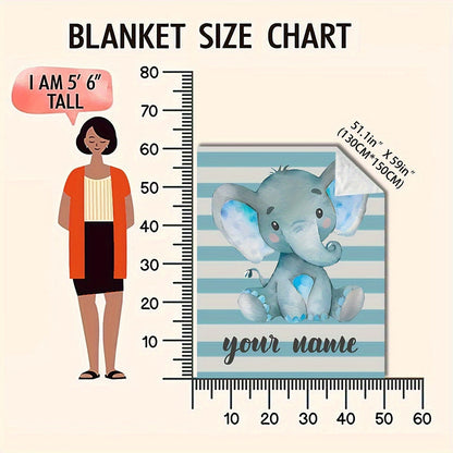 A modern and versatile fleece throw blanket featuring a customizable cartoon elephant design. This all-season, multi-purpose blanket is digitally printed on a polyester cover with a polyester lining. Knitted for cozy comfort, it weighs between 200-250g