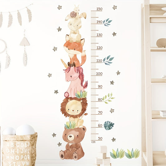 Cartoon animal height measurement wall stickers for room decor.