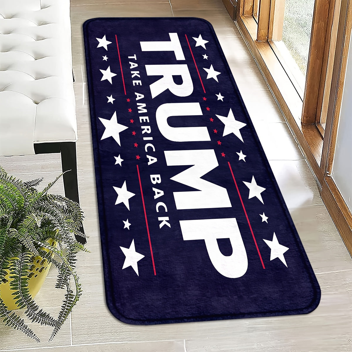 Trump Take America Back Doormat available in two sizes: 74.93cm x 44.96cm and 119.89cm x 44.96cm. Features: Machine washable, non-slip, and durable for long-lasting use.