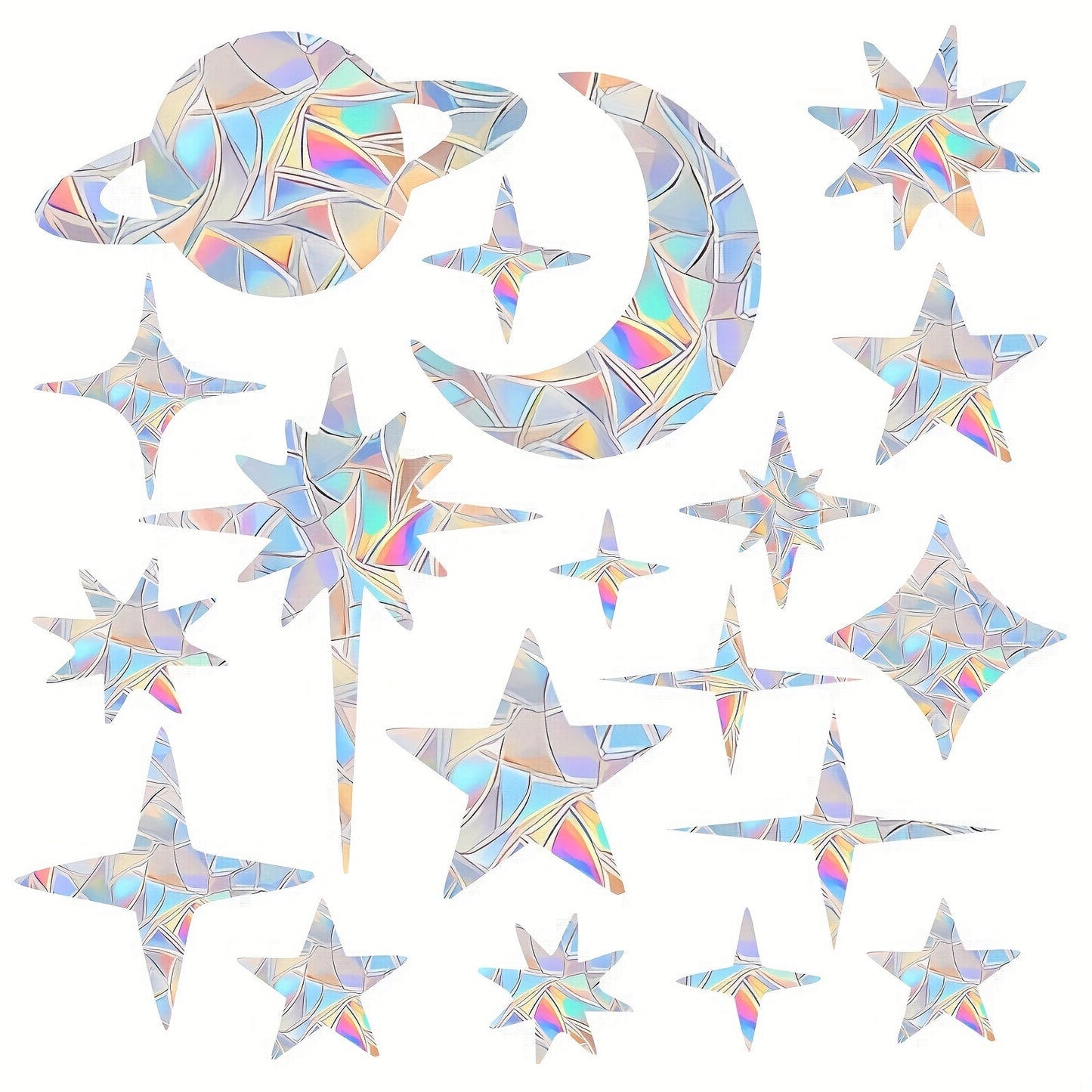 25 pieces of Starry Sky window clings that are designed to prevent bird collisions, made of non-adhesive prismatic vinyl material with rainbow stickers.