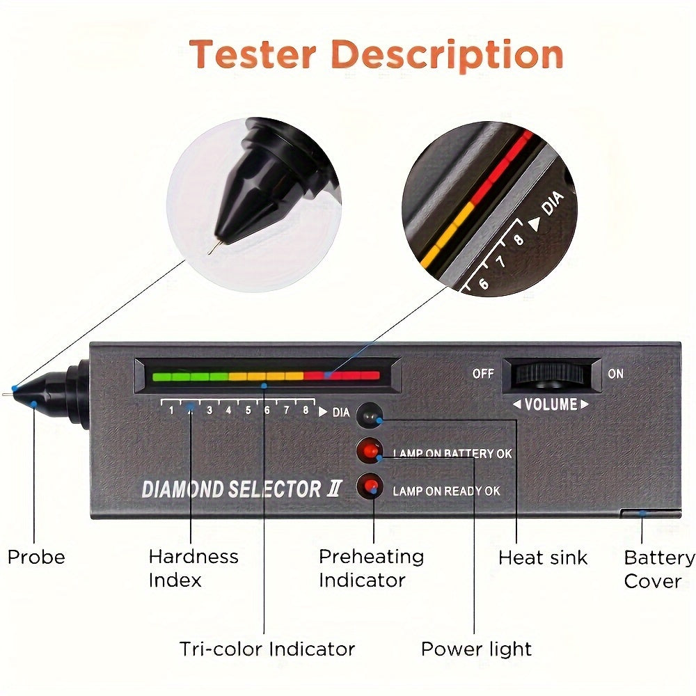 Diamond tester pen with high accuracy, tri-color indicator, and preheating function. Battery not included.