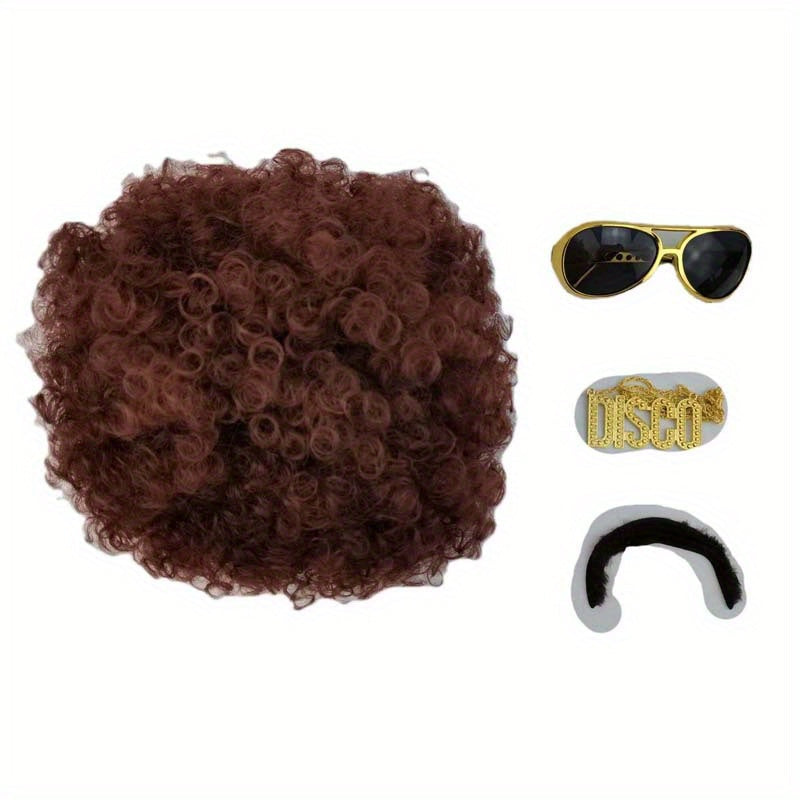 This 70s-themed men's 5-piece set includes a natural short black curly synthetic hair wig, glasses, necklace, beard, and wig cap. Perfect for Christmas parties or role-playing events, this set is great for gifting.