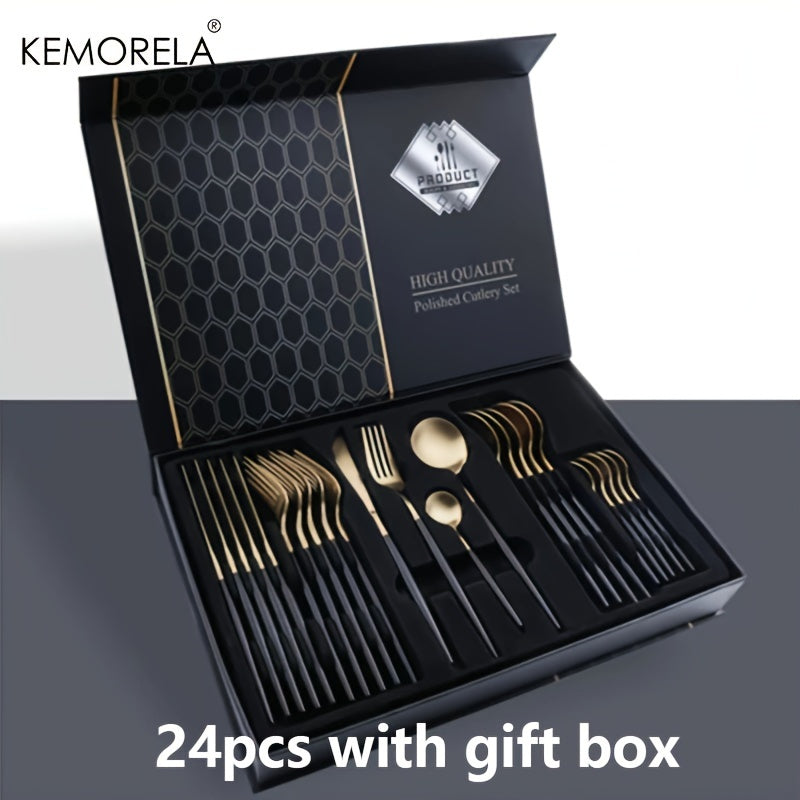 24-piece luxury stainless steel cutlery set, dishwasher safe.