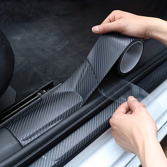 Matte black 3D carbon fiber sticker protects car threshold from scratches and water damage.