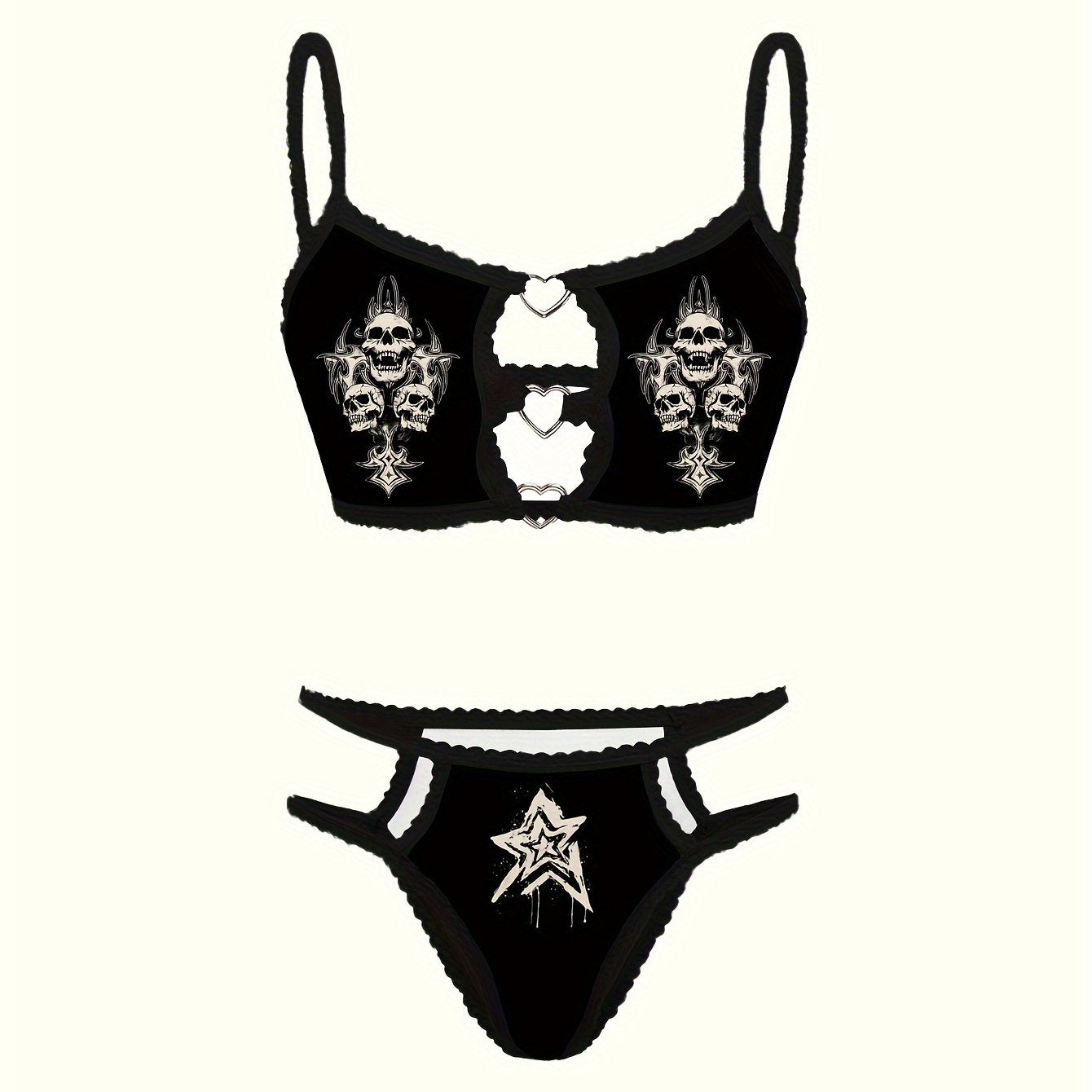 Unique skull star print bra and thong set with lace trim.