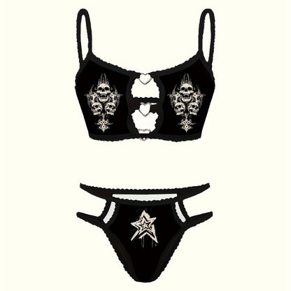 Unique skull star print bra and thong set with lace trim.