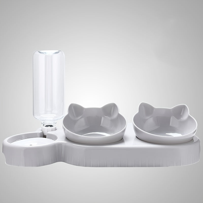 Tilted double pet bowl set with automatic water feeder and gravity water bottle for neck protection.