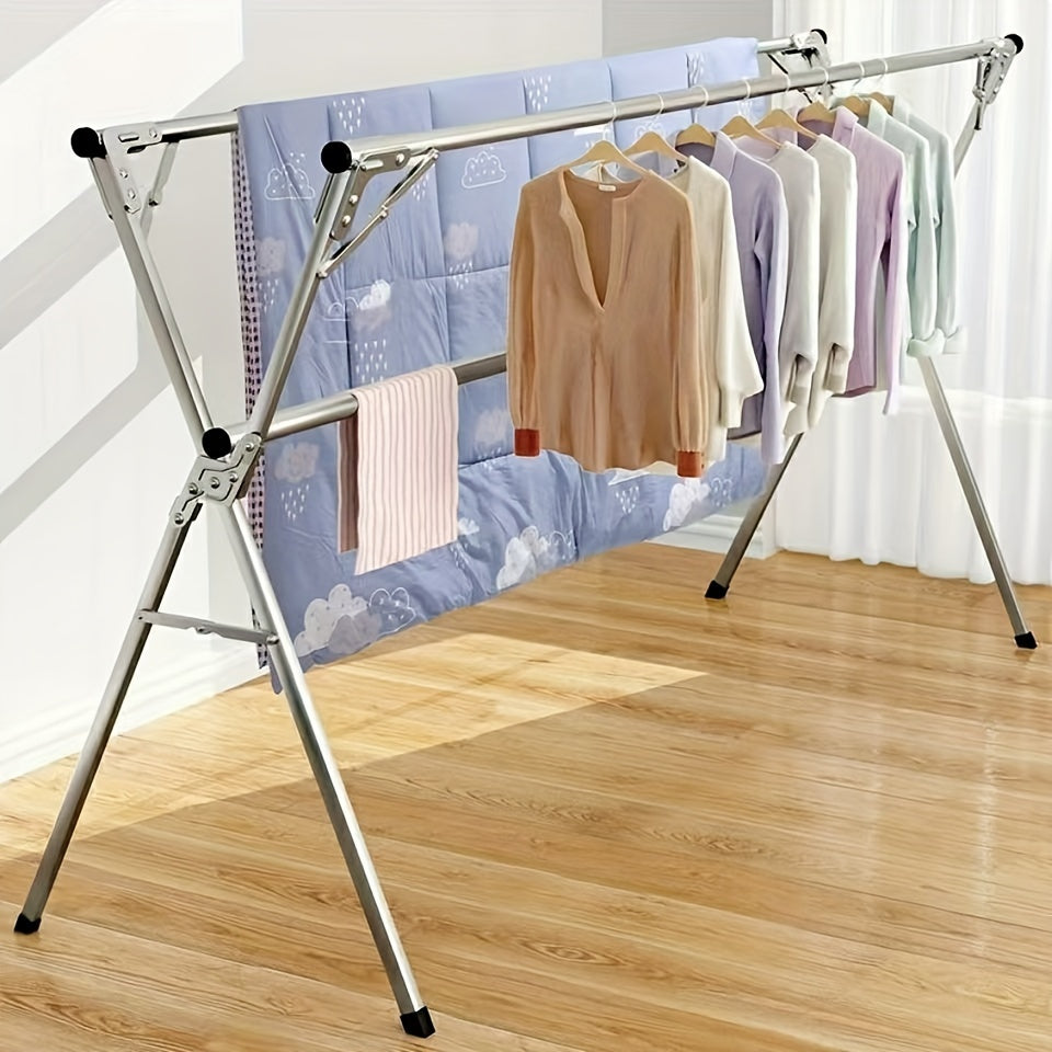 Durable Stainless Steel X-Shaped Folding Clothes Drying Rack, Versatile Indoor & Outdoor Laundry Hanger, Expandable Freestanding Drying Rack