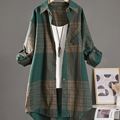 Women's new striped plaid long shirt in casual retro style, offering sun protection in a loose fit.