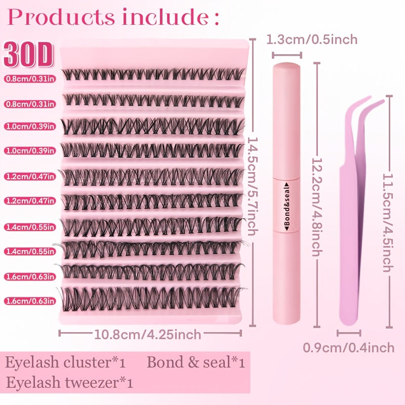 Luxurious DIY eyelash extension kit with 30P, 40P, and 80P lashes, featuring ultra-fine 0.07mm lash clusters in C and D curls (8-16mm). Suitable for beginners with lightweight 3D Russian