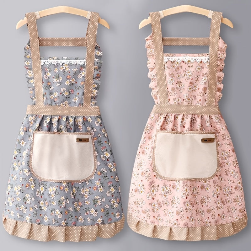 Waterproof floral lace apron with towel pocket; ideal for kitchen, living room, and bathroom.