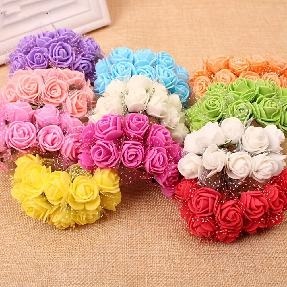 144 Mini foam roses, 2cm in size, ideal for DIY wedding bouquets, scrapbooking, and home decor. Perfect for holidays and Mother's Day.