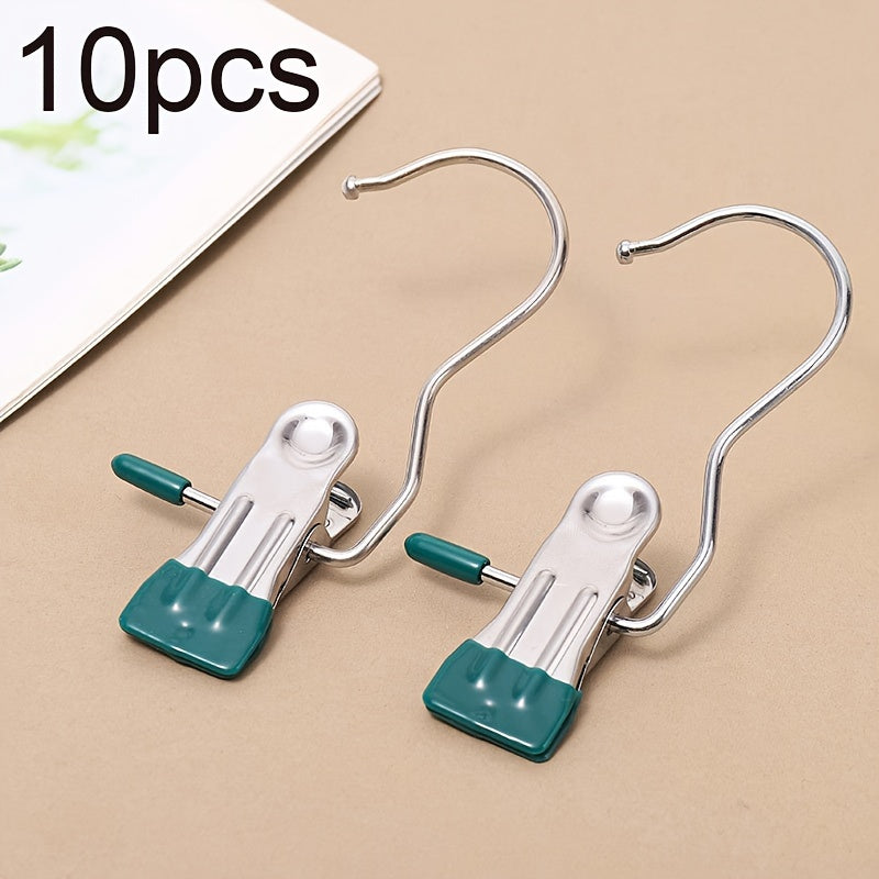 Set of 10 stainless steel laundry clips with swivel hook, versatile windproof clothes pegs for hanging socks, underwear, and accessories, efficient wardrobe organizer clips for saving space, and holding clothes securely.