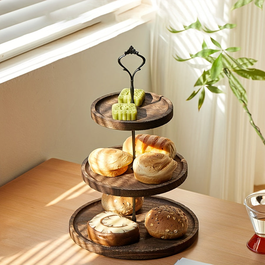 YumiPLUS Rustic Wooden Cake Stand with Iron Accents for Events and Cake Decorating.