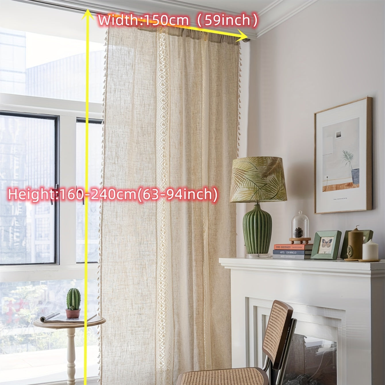 Bohemian Chic Linen Curtain with Geometric Cut-Outs and Tassels - UV Protective, Semi-Transparent Drapery for Various Rooms - Rod Pocket Design, Easy to Hand Wash, Perfect Bedroom Window Treatment in Bohemian Chic Style, Light-filtering Linen Curtains