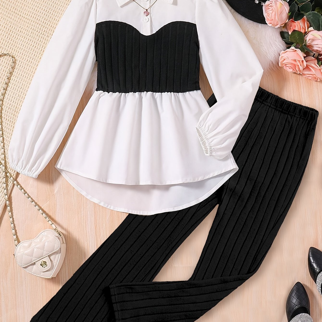 Chic girls' black & white color block long sleeve top and casual pants set made of polyester with button detail, perfect for spring/fall and outdoor wear.