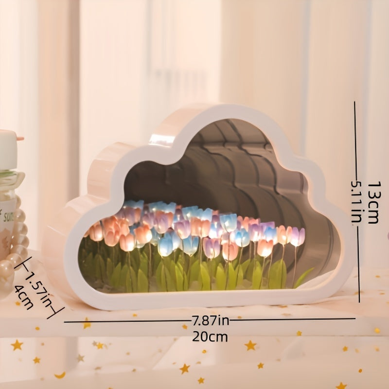 Artistic tulip cloud LED night light with mirror sea effect, handcrafted for cozy bedroom ambiance.